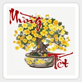 Mung Tet, Lunar New Year, Calligraphy + AI Art, Hoa Mai Sticker